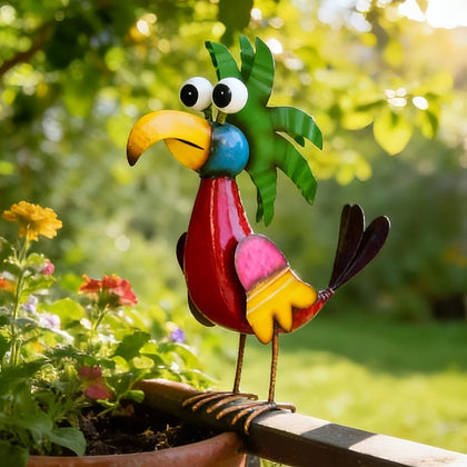 Ultym parrot sculpture with ground stake for outdoor patio display