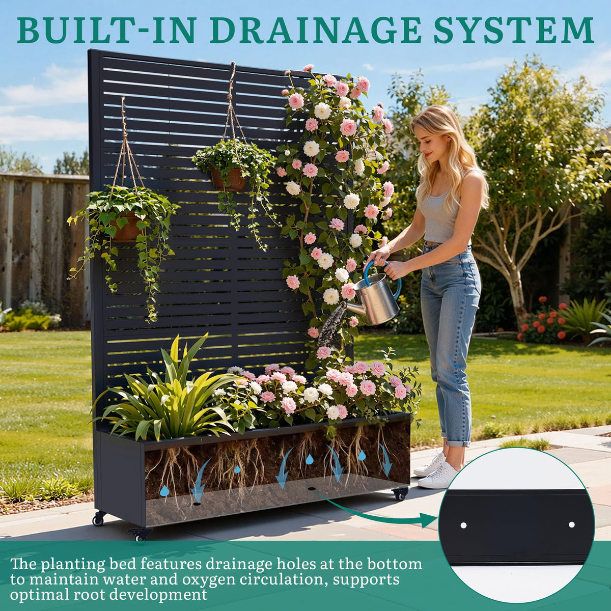 Ultym planter box privacy screen blocks wind while maintaining garden aesthetics.