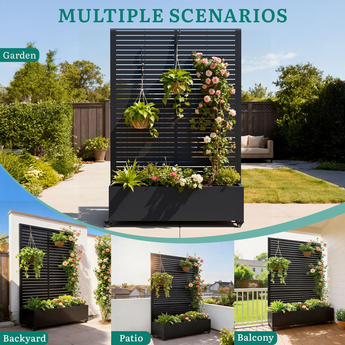 Ultym metal planter in use on patio with climbing tomatoes.