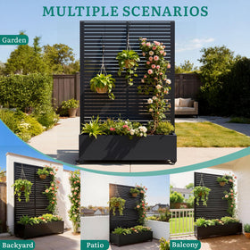 Ultym metal planter in use on patio with climbing tomatoes.
