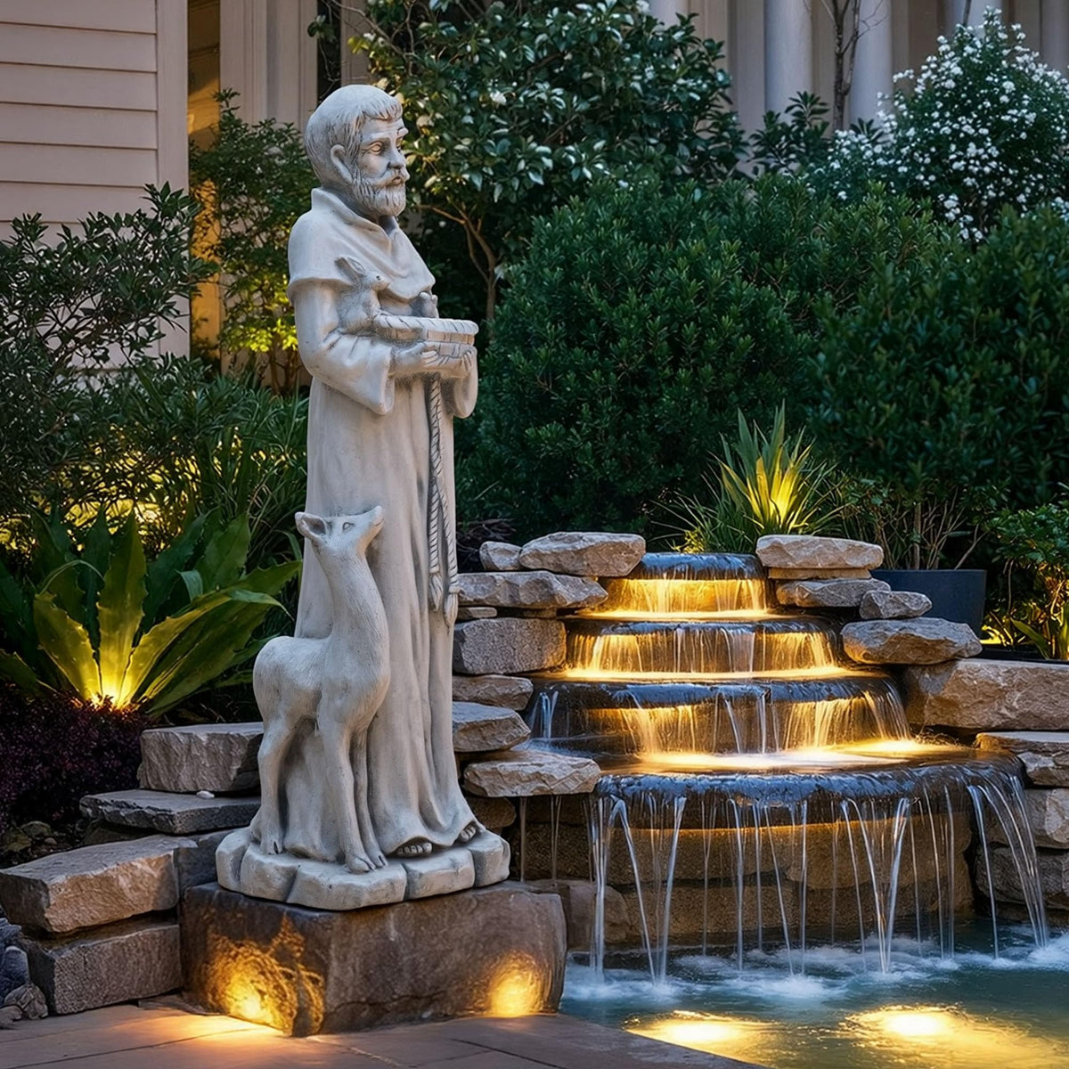 Ultym St Francis statue with squirrel detail, adds wildlife charm.