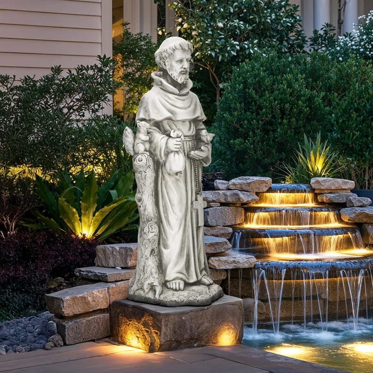 Ultym St Francis statue with a squirrel detail, inviting wildlife interaction in the garden.