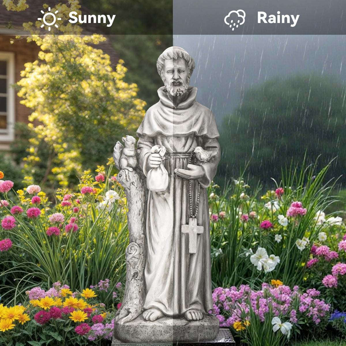 Ultym St Francis durable weather-resistant sculpture, built to withstand sun and rain.
