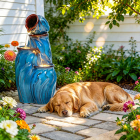 Ultym turquoise finish ceramic fountain with LED lights for ambient glow.