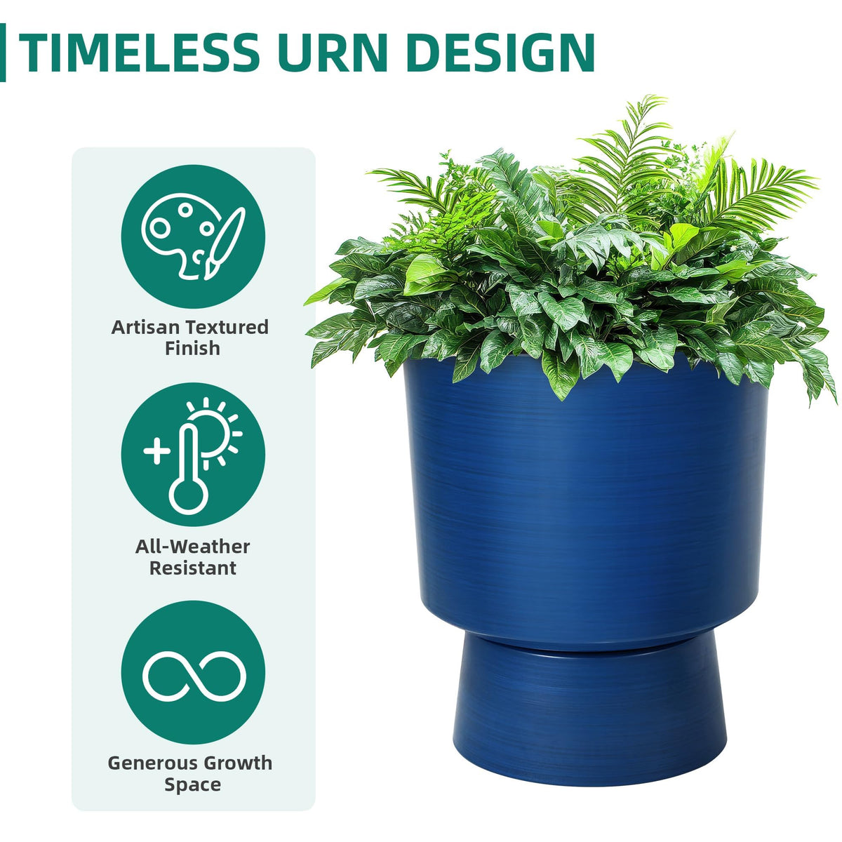 Ultym urn planter with drainage holes and plugs for controlled watering.