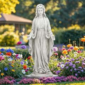 Ultym Virgin Mary statue in outdoor garden setting, a serene focal point for peaceful spaces.