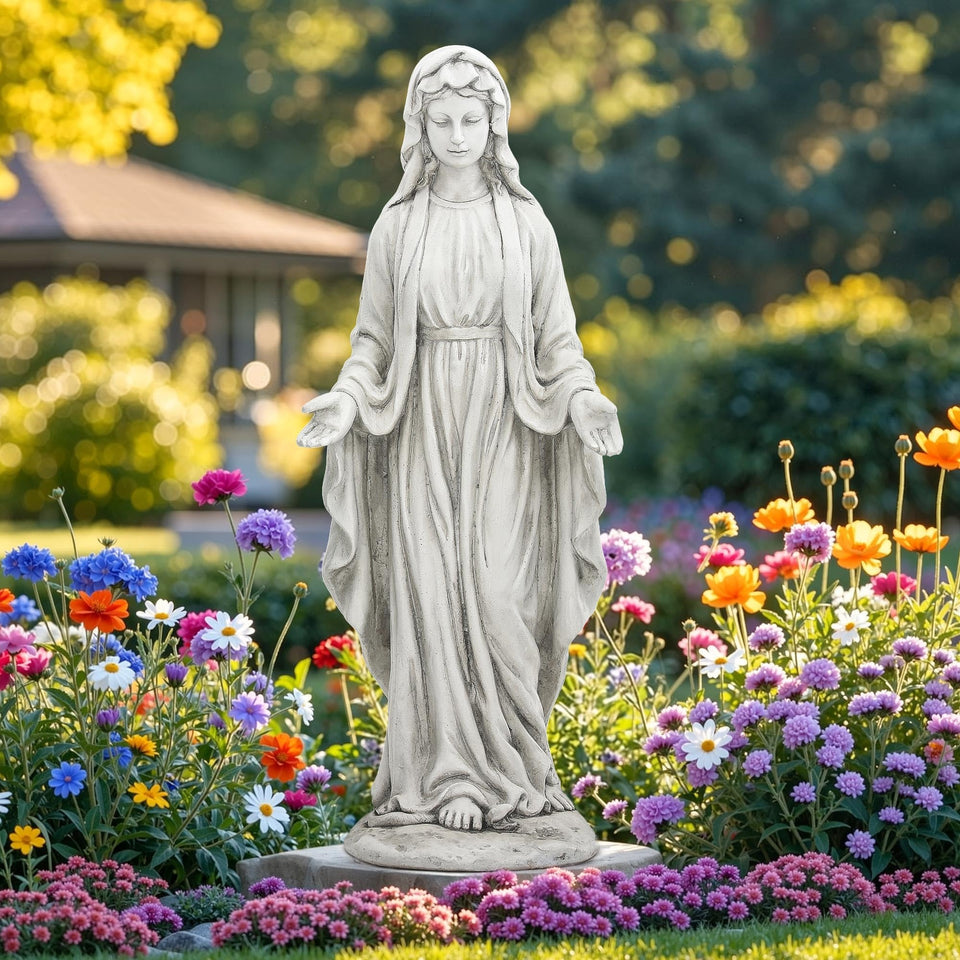 Ultym Virgin Mary statue in outdoor garden setting, a serene focal point for peaceful spaces.