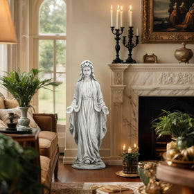 Ultym Virgin Mary statue prayer pose captures reverent ambience for calm outdoor or indoor sanctuaries.