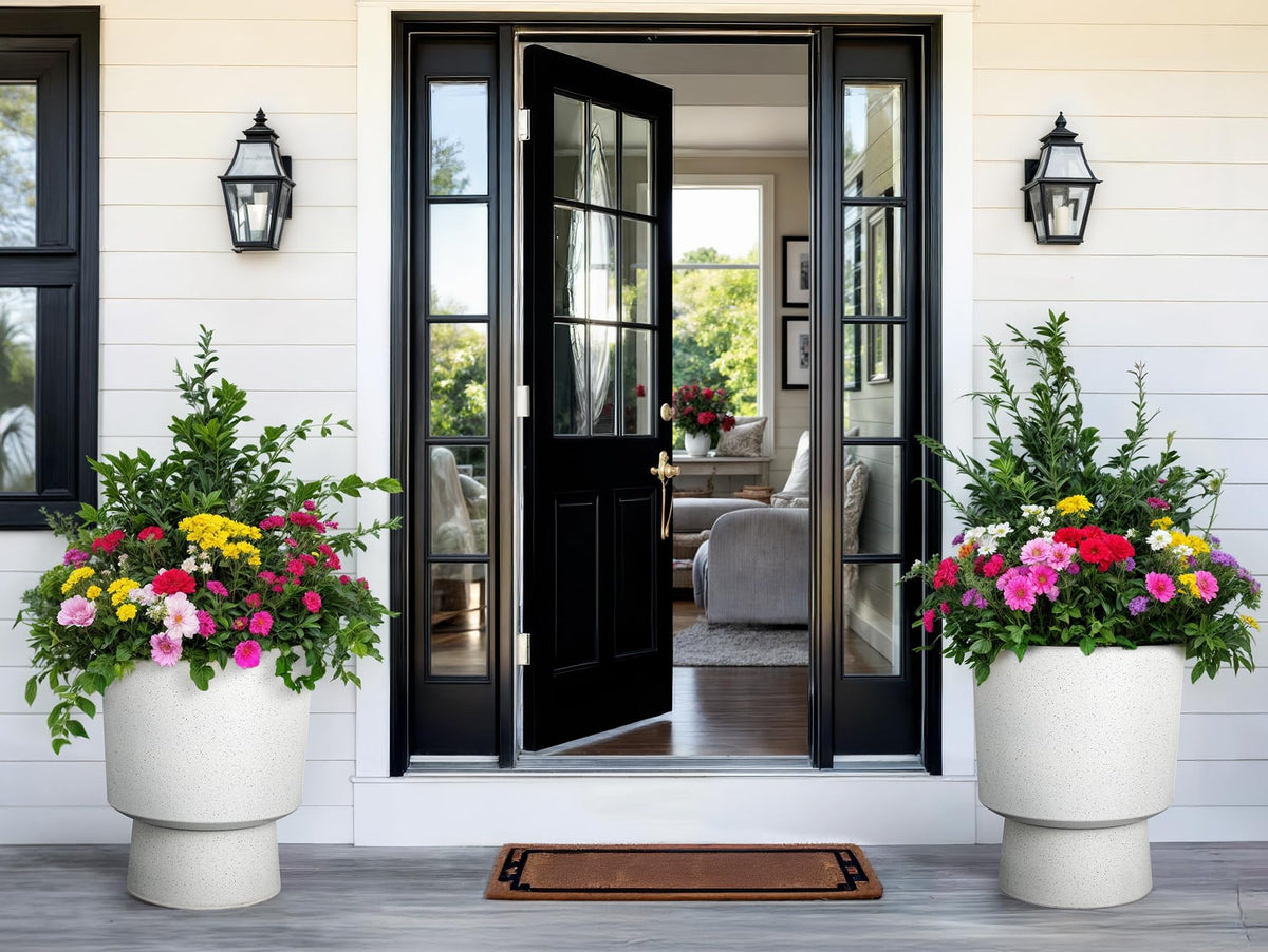 Ultym white terrazzo finish on a tall urn-style planter