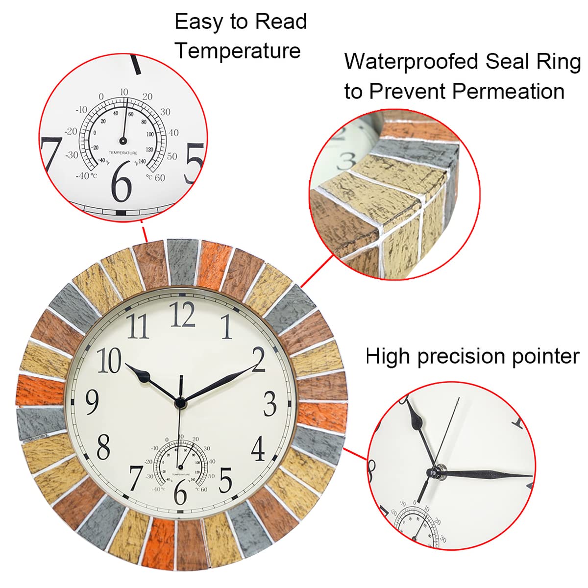 UMEXUS weatherproof front seal with rubber gasket protecting clock indoors and outdoors.