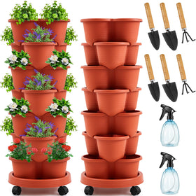 Umigy 2-set clay red stackable planter with wheels enhances outdoor gardening.