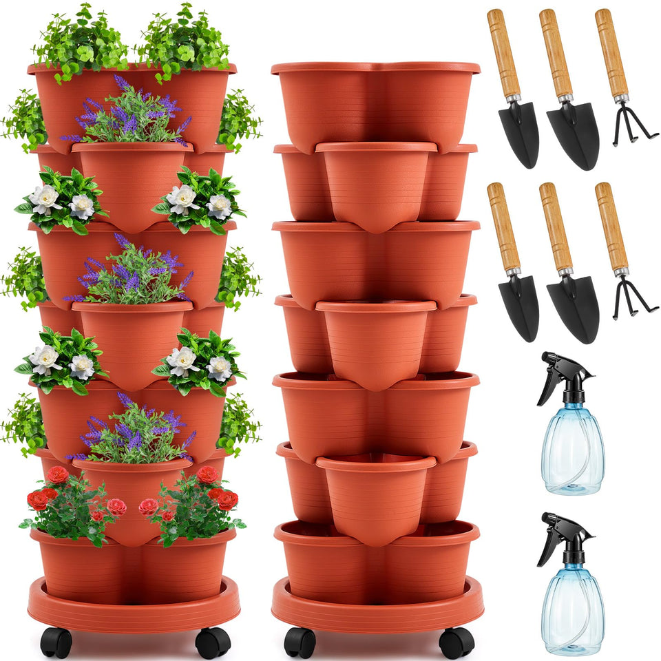 Umigy 2-set clay red stackable planter with wheels enhances outdoor gardening.
