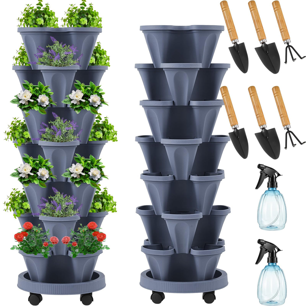Umigy 2-set vertical planter tower assembly demonstrates space-saving stacking for patios.