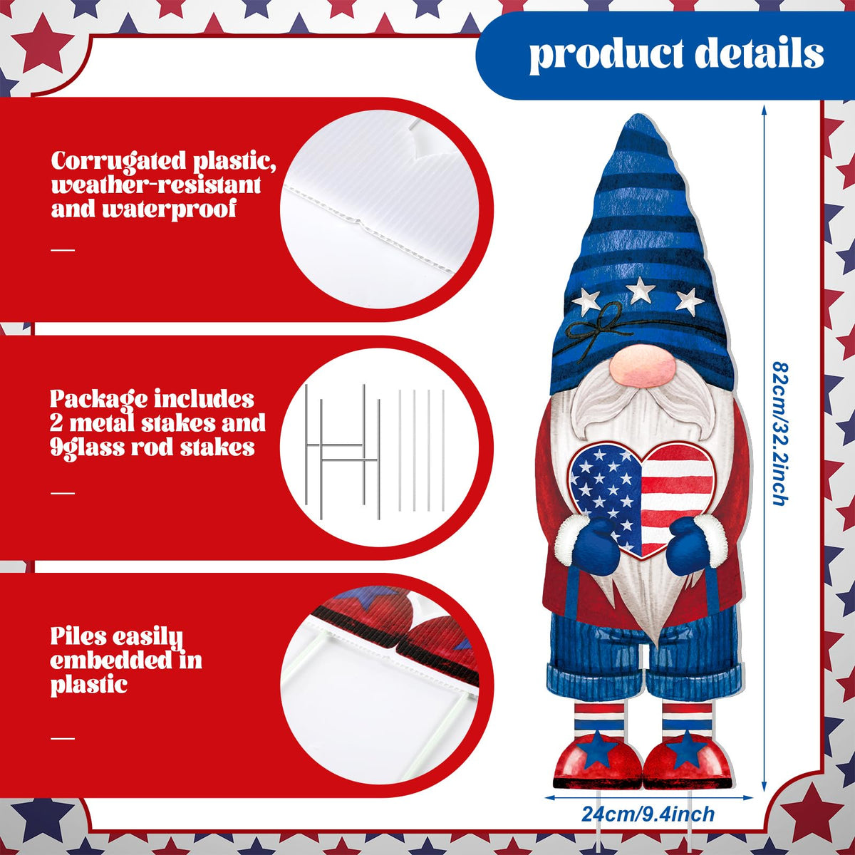 Umigy gnome yard sign featuring fireworks design enhances outdoor celebrations.
