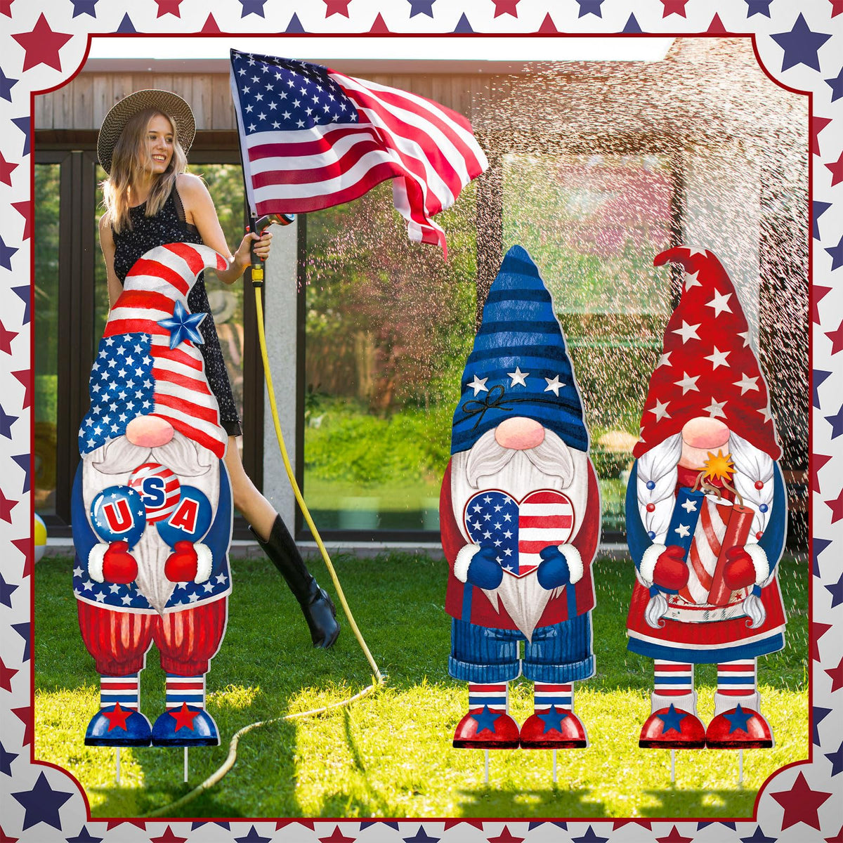 Umigy patriotic gnome yard sign with heart motif to spread festive cheer.