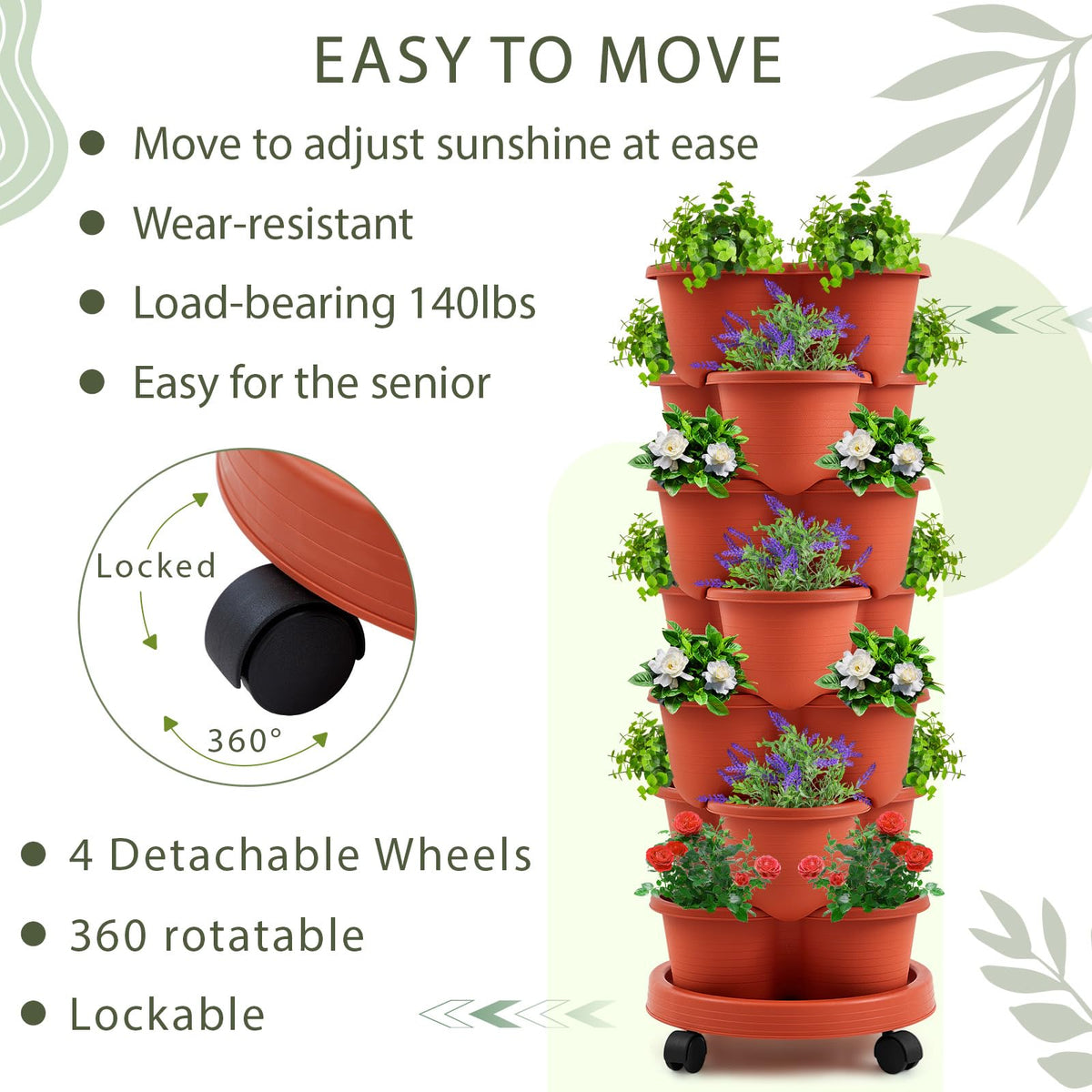 Umigy space-saving stackable planter with removable wheels boosts flexibility.