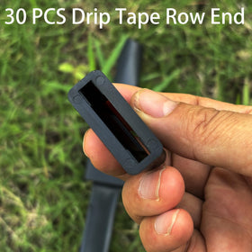 UMOKO black durable plastic row end plugs withstand outdoor irrigation conditions.