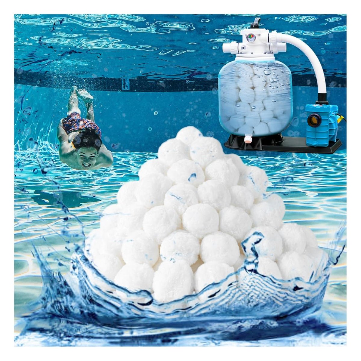 UMySpcl pool filter balls close-up in packaging, highlighting lightweight filtration media.