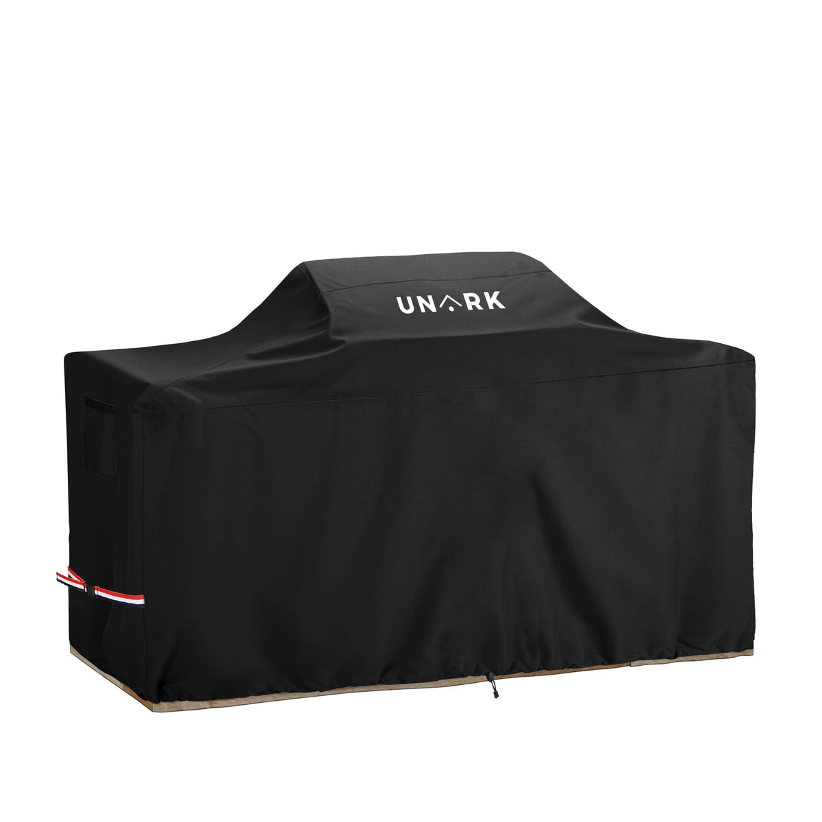 UNARK 98-inch grill cover protecting a center island grill from sun and rain