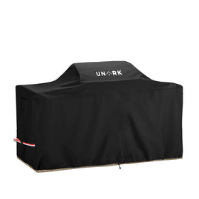 UNARK 98-inch grill cover protecting a center island grill from sun and rain