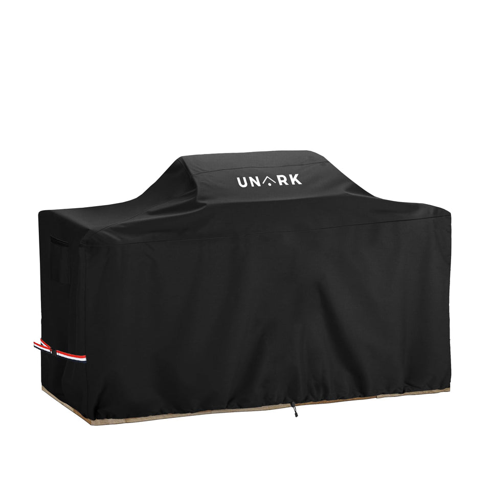 UNARK 98-inch grill cover protecting a center island grill from sun and rain