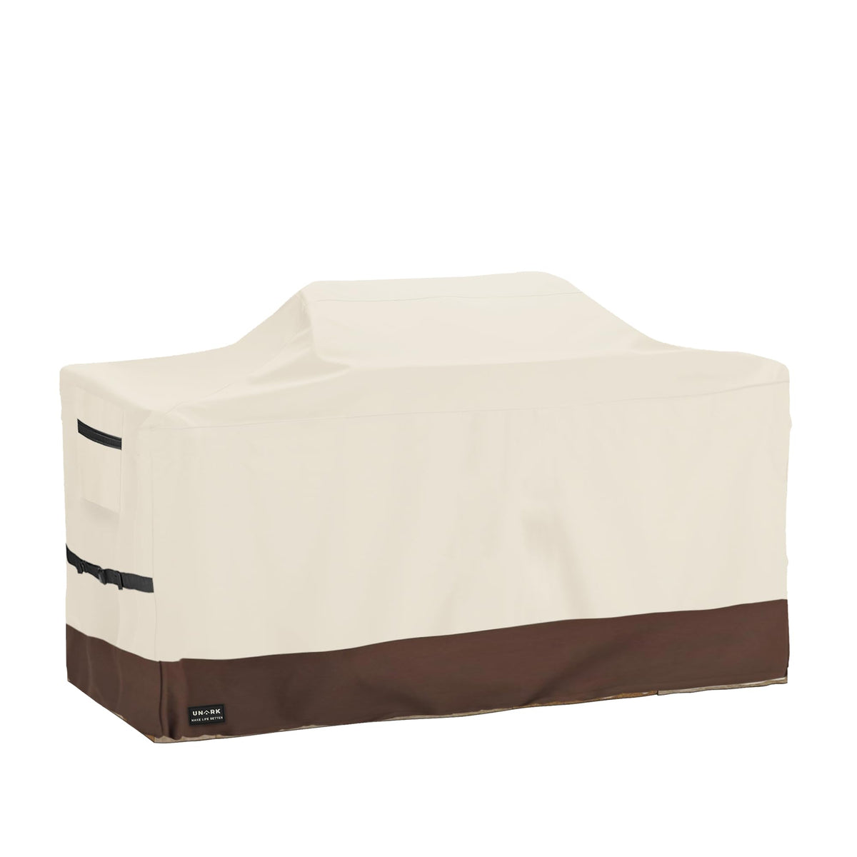 UNARK 98-inch grill cover on center island protects outdoor grill from elements.