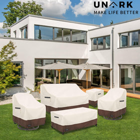 UNARK beige brown colorway blends with outdoor furniture.