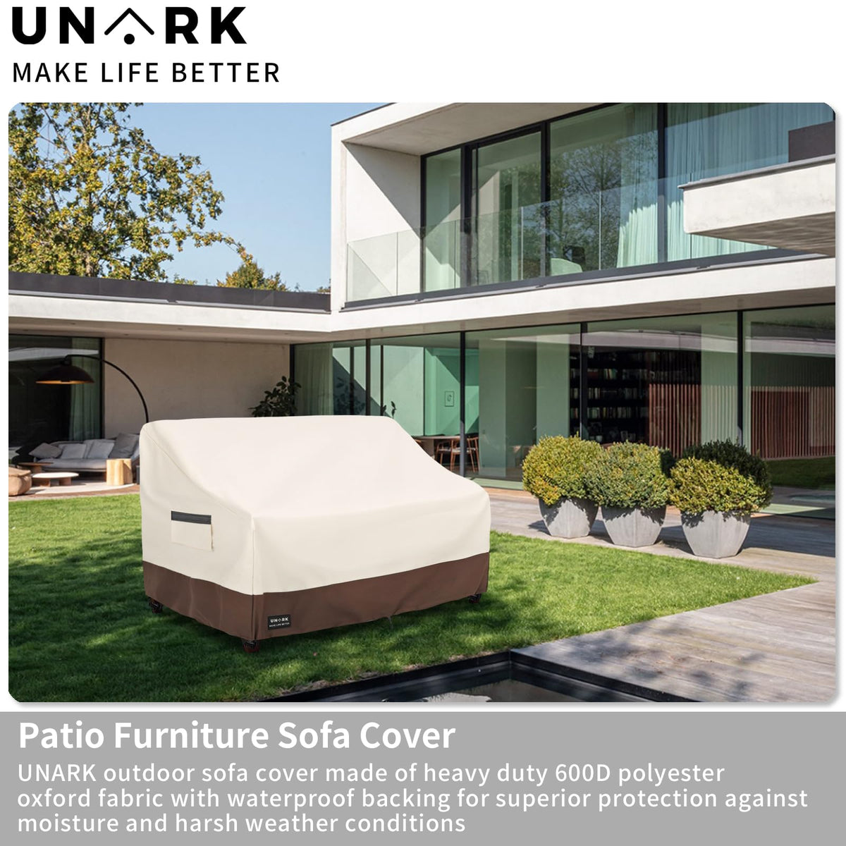 UNARK Beige-Brown Patio Couch Cover blends with outdoor decor while shielding cushions