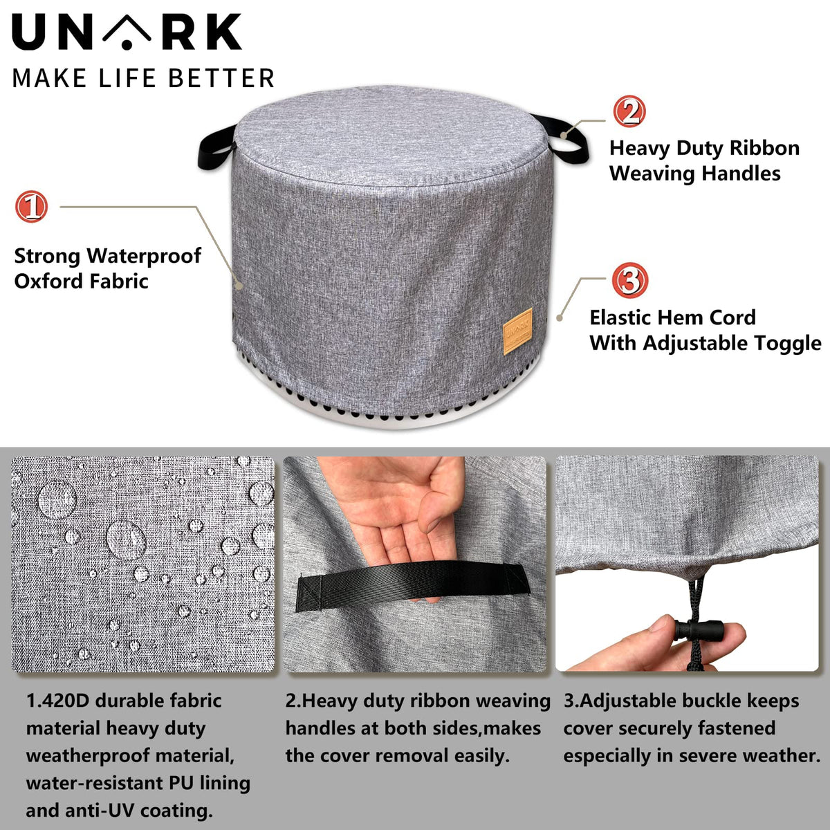 UNARK cover with drawstring and windproof buckle secured on pit