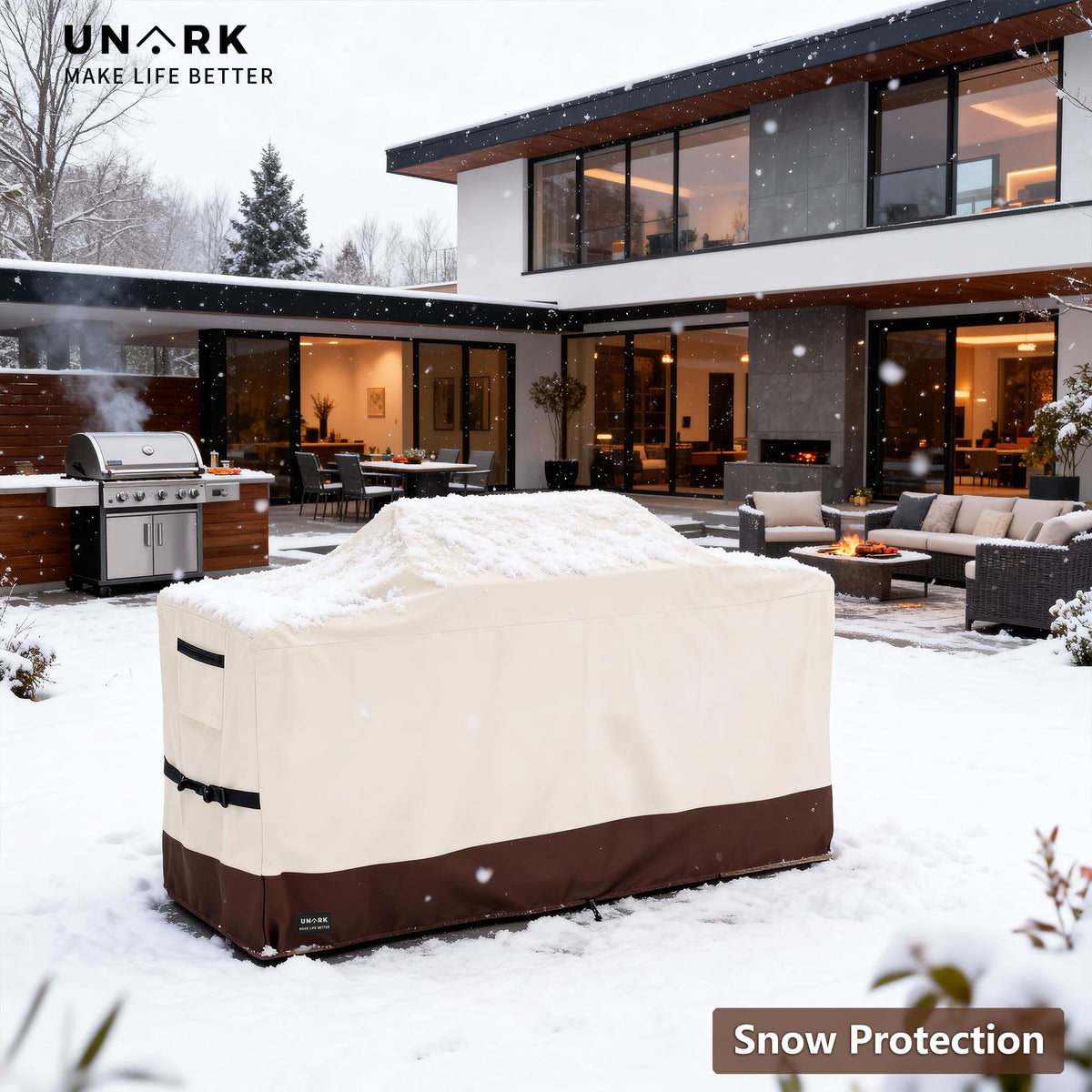 UNARK adjustable clips and drawcord secure the cover against wind.