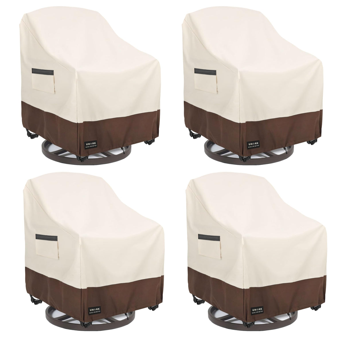 UNARK outdoor swivel chair cover four-pack protects patio chairs from rain.
