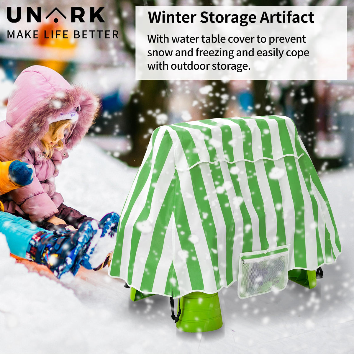 UNARK water table cover installs quickly with stretch-fit edges.