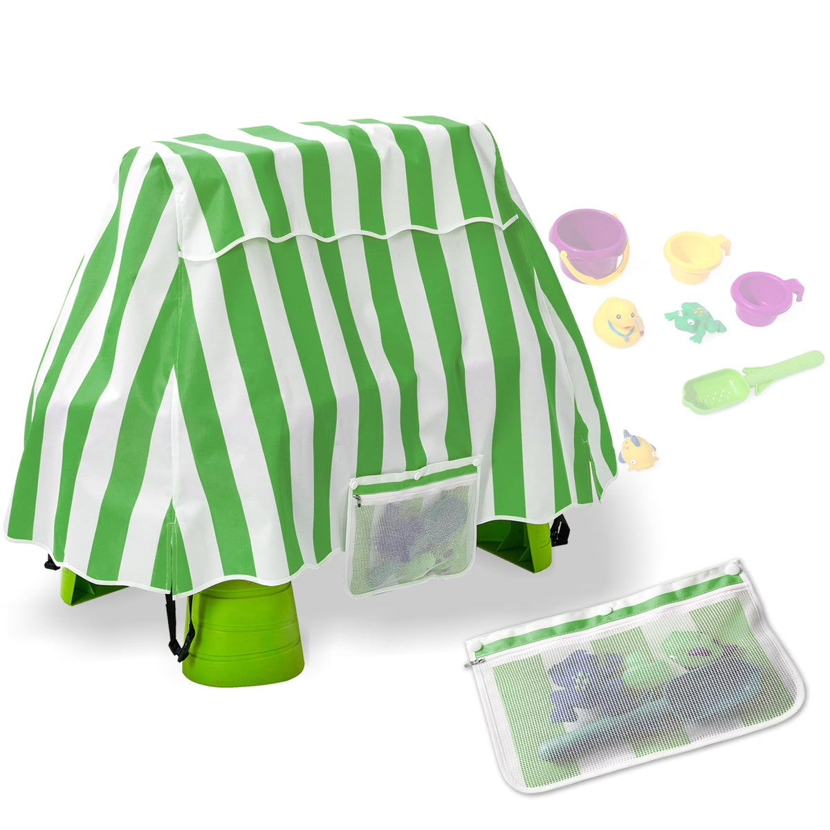 UNARK water table cover with secure-fit on table protects toys from rain and mud.