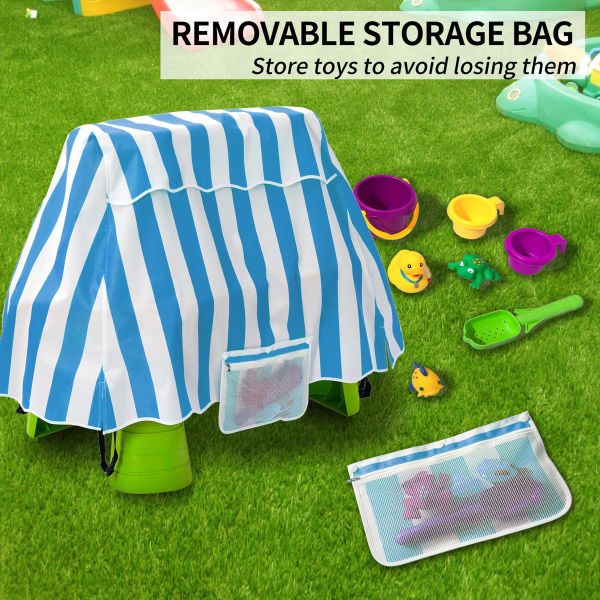 UNARK water table cover showcasing the detachable storage pouch for toys.