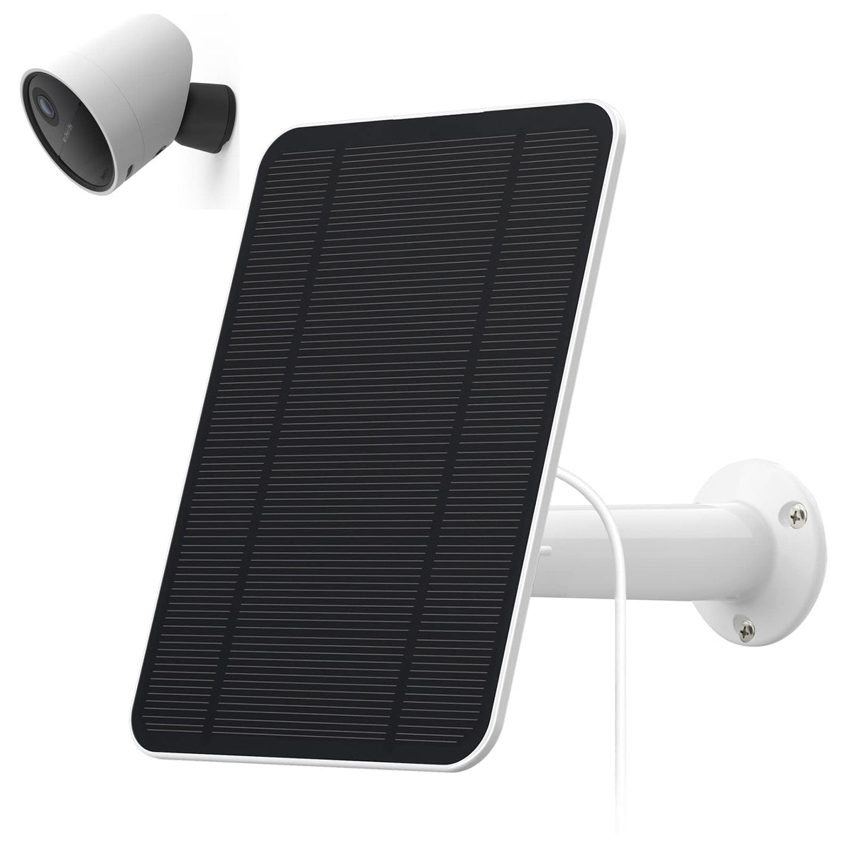 Uncle Squirre 4W solar panel mounted on exterior wall for SimpliSafe camera.