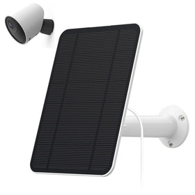 Uncle Squirre 4W solar panel mounted on exterior wall for SimpliSafe camera.