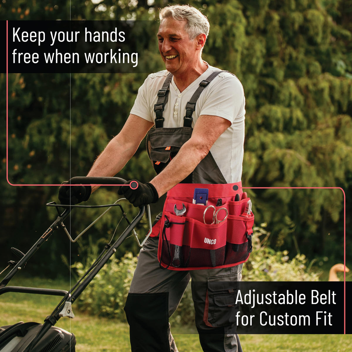 UNCO cut-resistant fabric detail emphasizes durable protection during rough pruning