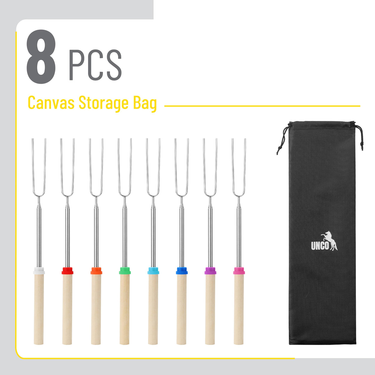 UNCO eight-pack roasting skewers help family cooks organize around the fire.