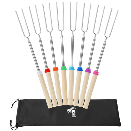UNCO extendable roasting sticks up to 32 inches for safe campfire cooking.