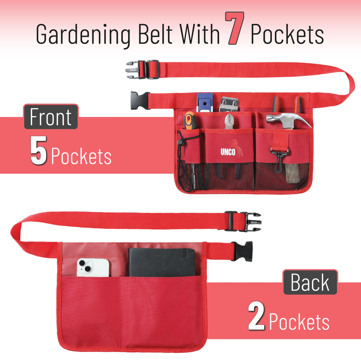 UNCO garden tool pouch on waist shown keeping hands free while tending beds