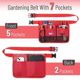 UNCO garden tool pouch on waist shown keeping hands free while tending beds