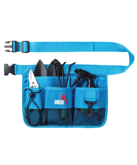 UNCO gardening belt with 7 pockets blue — front view for quick tool access.