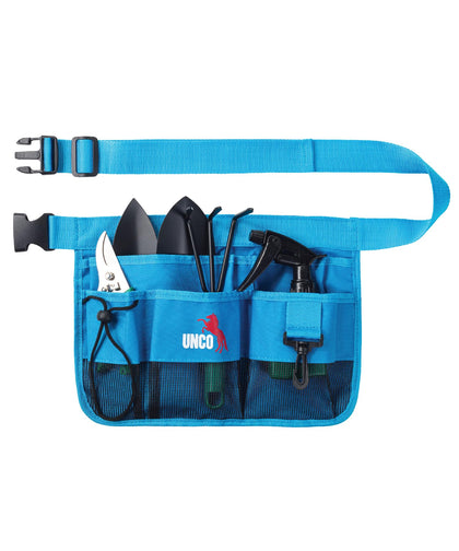 UNCO gardening belt with 7 pockets blue — front view for quick tool access.
