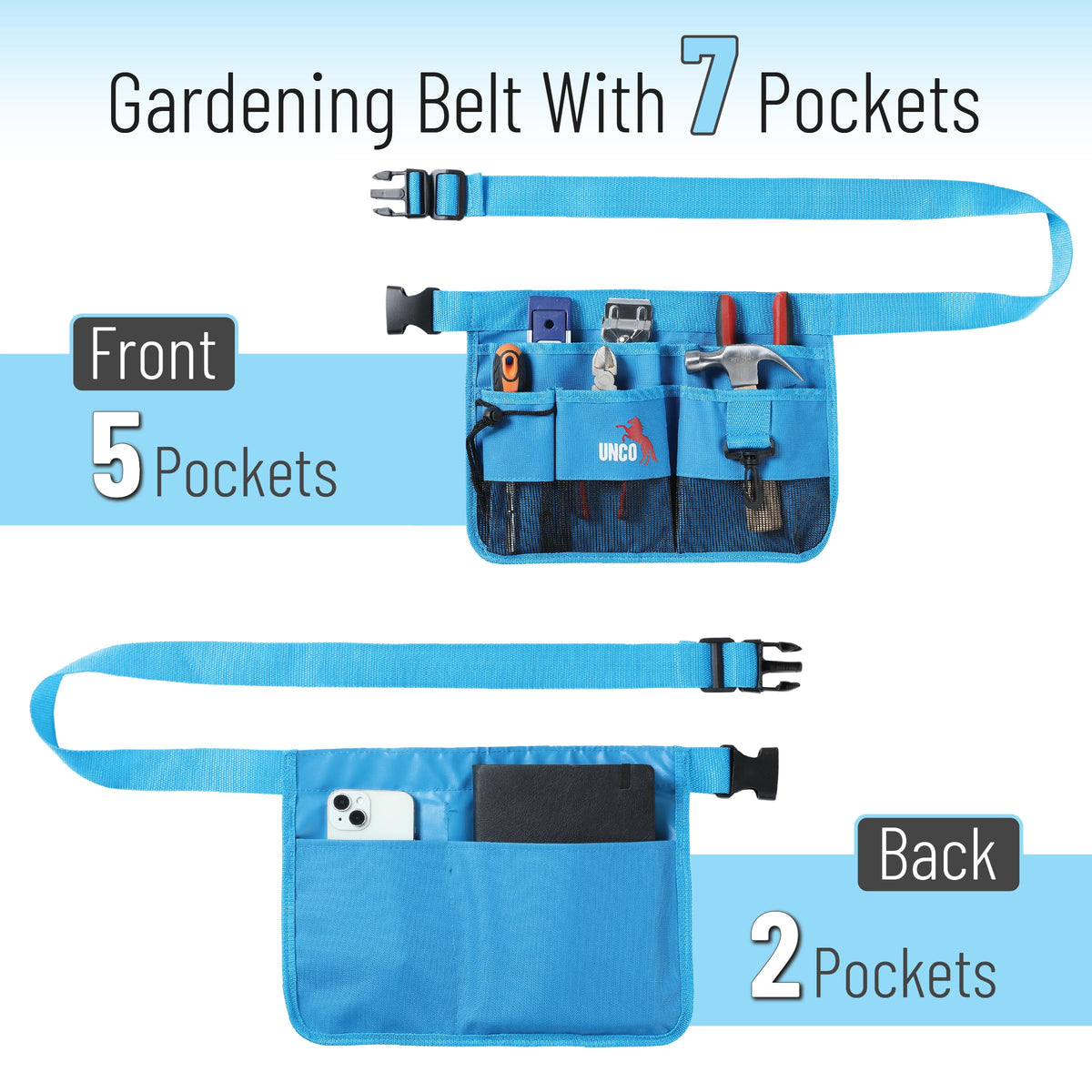 UNCO gardening belt blue 7 pockets – hip-wear for hands-free gardening.