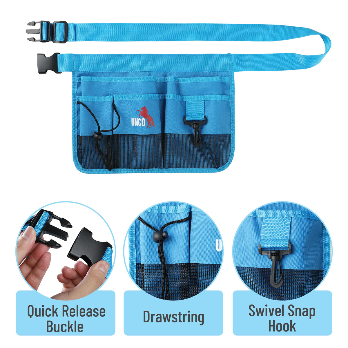 UNCO blue belt closeup shows sturdy tool pockets for easy organization.