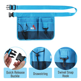 UNCO blue belt closeup shows sturdy tool pockets for easy organization.