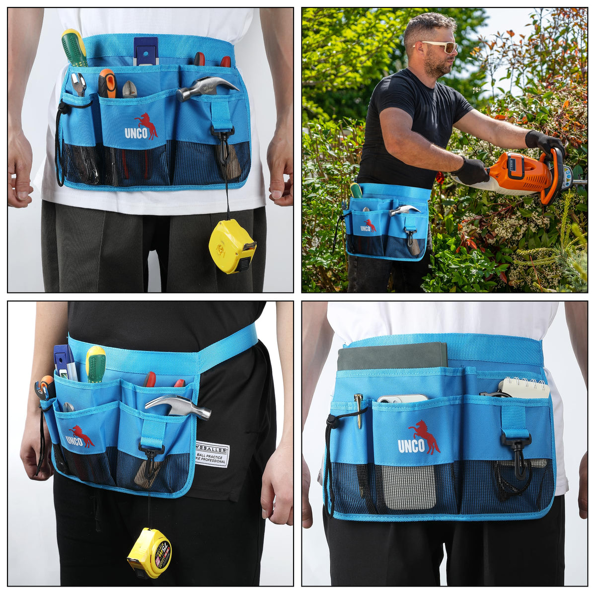 UNCO 7-pocket belt in use during garden tasks in blue.