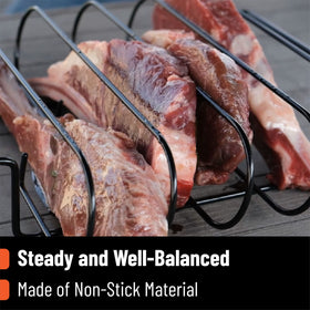 UNCO rib rack on grill demonstrates space-saving vertical design.