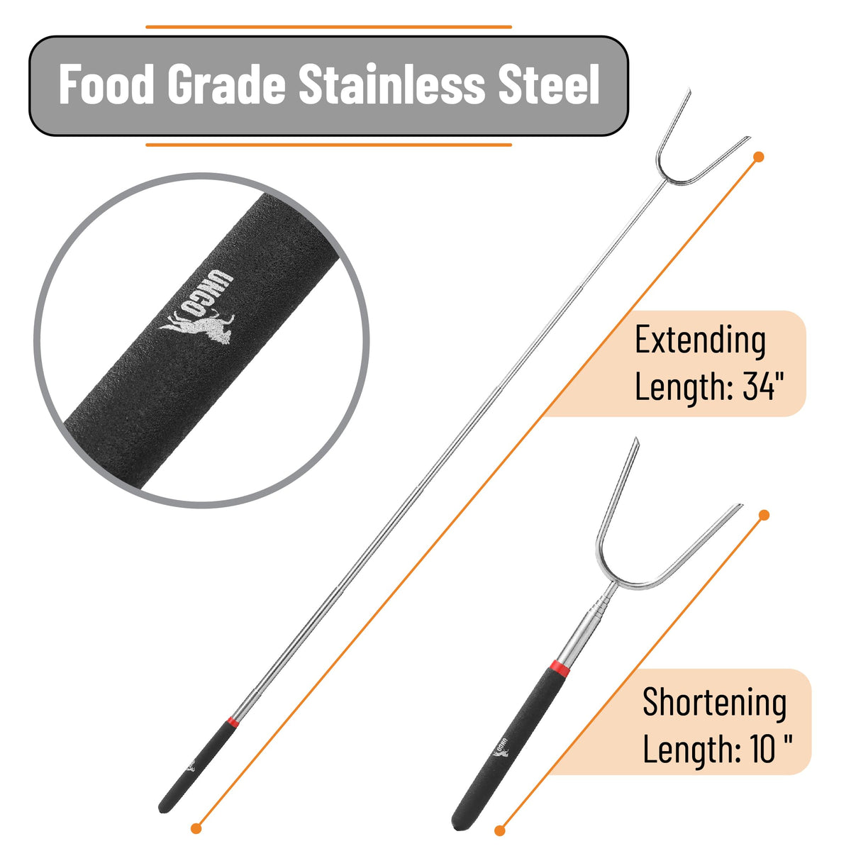 UNCO four-pack roasting skewers ready for family camping and backyard gatherings