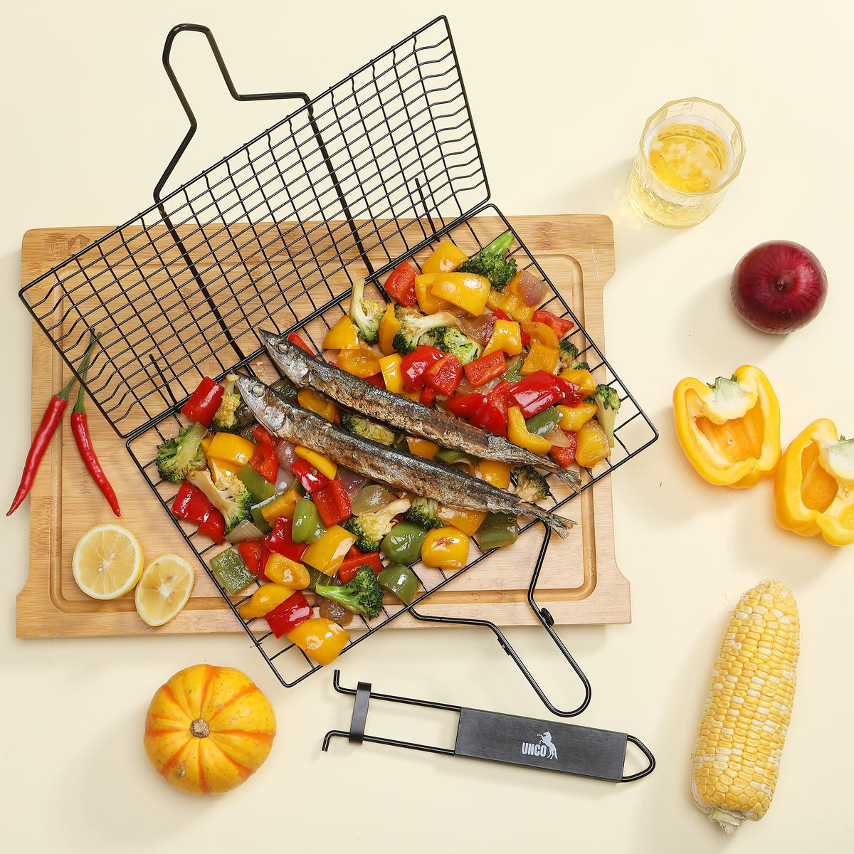 Silicone basting brush included with UNCO basket for sauces and marinades.